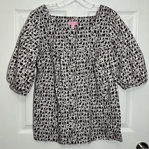 LILLY PULITZER Brown White Elephant Print Bubble  3/4 Sleeve Cotton Top | size 6